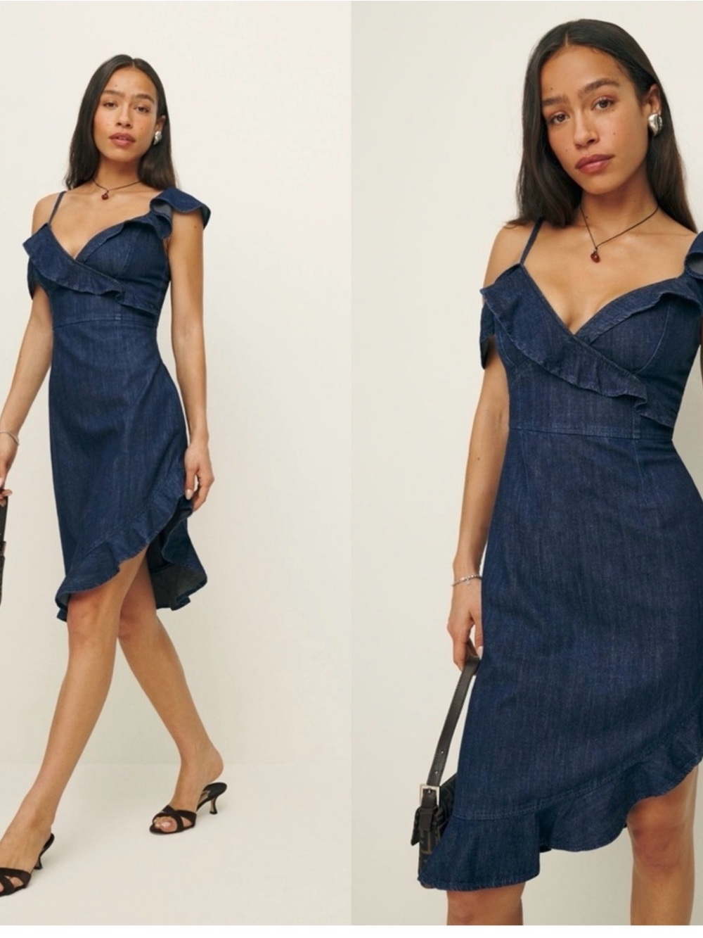 Reformation Navy Blue Ruffled Denim Midi Dress